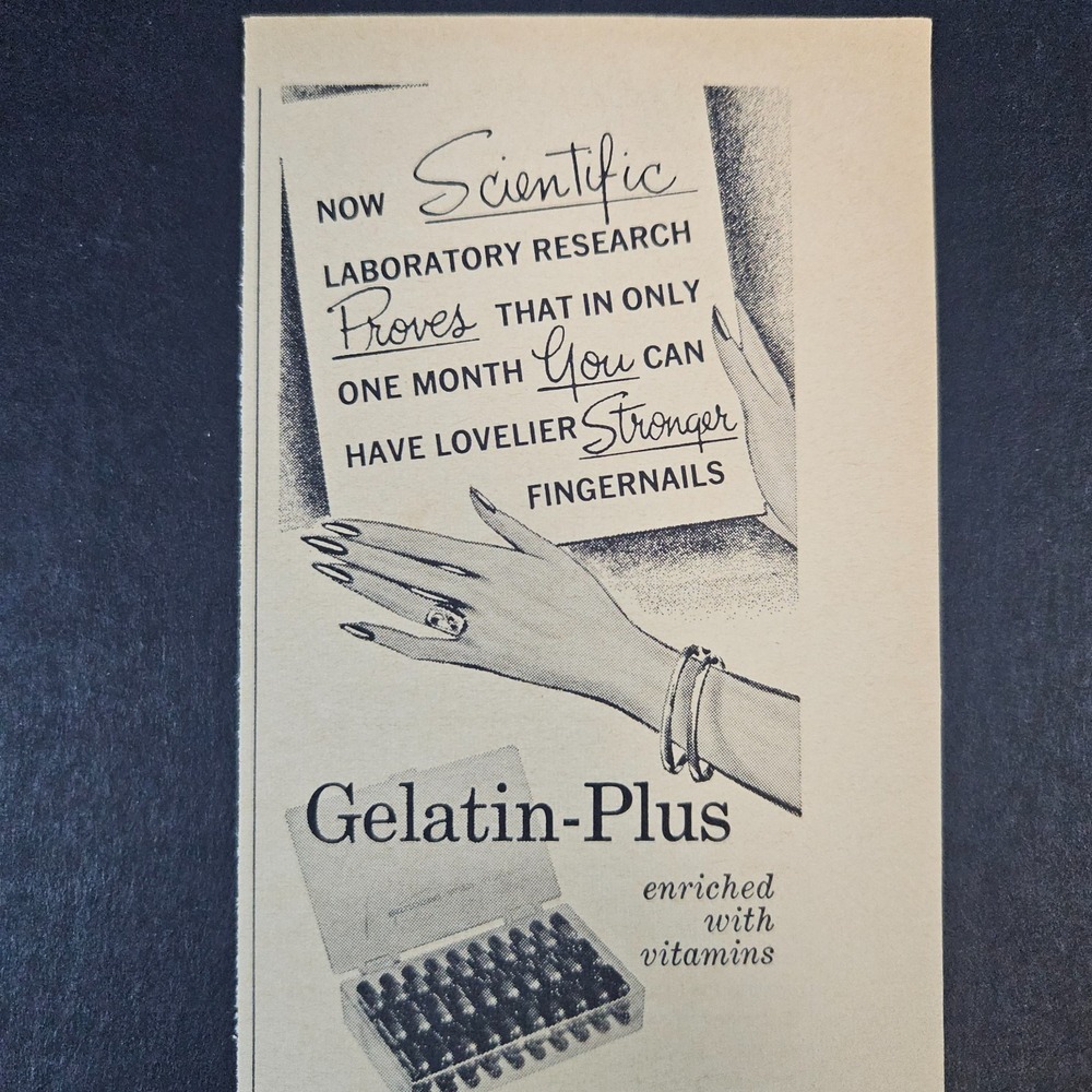 1964 Gelatin-Plus Fingernail Strengthener Vintage Print Ad El Segundo CA Capsule